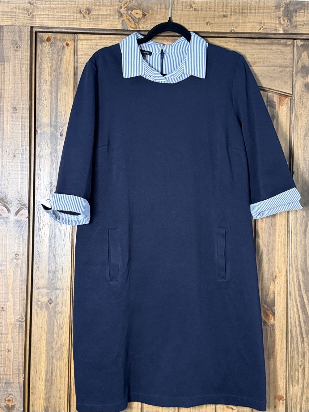 Talbots Navy Shift Dress with Striped Collar and Cuffs